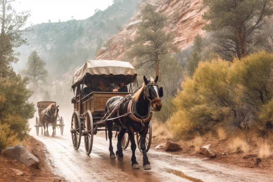 A horse carriage being pulled along a road and another one following