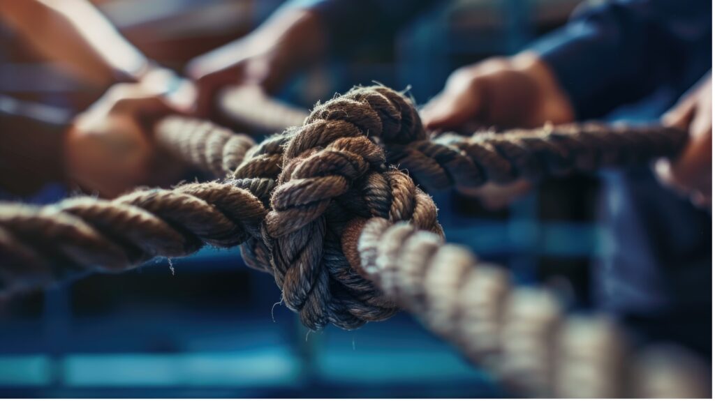 A close-up shot of a large, complex knot tying multiple thick ropes together. Out-of-focus hands grasp and pull the ropes outward in different directions against a blurred blue background, creating a strong sense of tension, teamwork, or connection