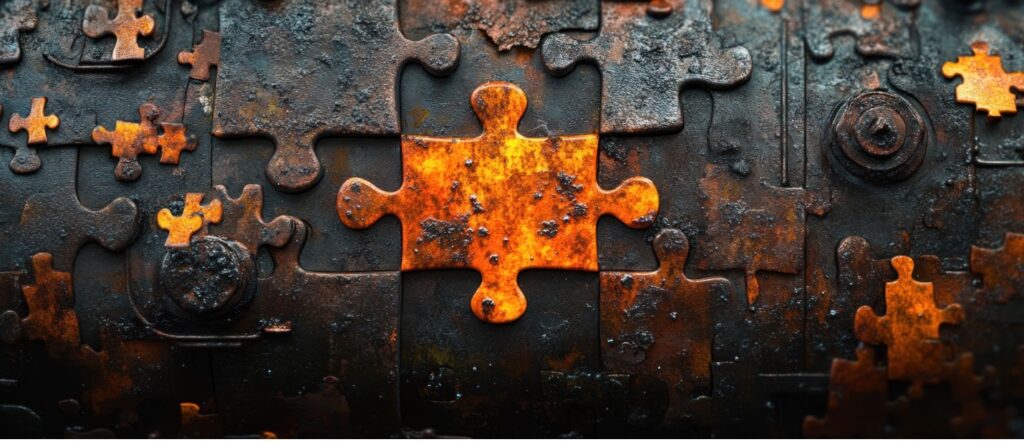 A close-up, panoramic shot of a gritty, industrial surface textured to look like interlocking jigsaw puzzle pieces. The material is dark, heavily weathered, and rusted. At the center, a single prominent puzzle piece glows with a vibrant, fiery orange and yellow rust patina, standing out starkly against the surrounding dark, grimy pieces. Smaller rusted puzzle pieces are scattered across the edges of the frame.