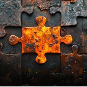 A close-up, panoramic shot of a gritty, industrial surface textured to look like interlocking jigsaw puzzle pieces. The material is dark, heavily weathered, and rusted. At the center, a single prominent puzzle piece glows with a vibrant, fiery orange and yellow rust patina, standing out starkly against the surrounding dark, grimy pieces. Smaller rusted puzzle pieces are scattered across the edges of the frame.