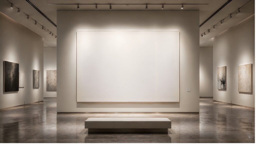 Art gallery with a large blank white canvas centred on a wall, smaller paintings on either side, and a bench in front