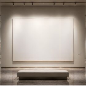 Art gallery with a large blank white canvas centred on a wall, smaller paintings on either side, and a bench in front