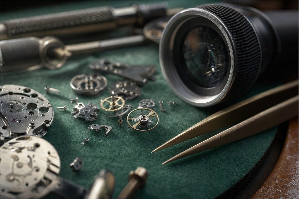 Close-up of disassembled watch parts, tweezers, and a magnifying loupe on a green work mat.